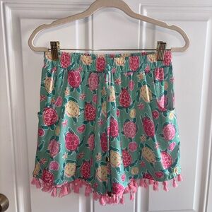 Simply Southern Turtle Print Pink Green Tassel Shorts S